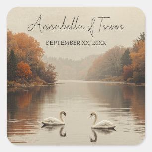 Sticker Carré Cygnes d'automne Romantique Lac en mariage d'autom