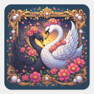 Sticker Carré Cygnes de mariage encadrés d'or et de fleurs