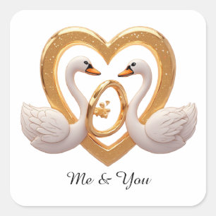 Sticker Carré Cygnes de mariage romantiques avec anneaux en or