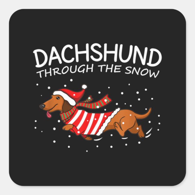 Sticker Carré Dachshund à travers la neige drôle chien Noël (Devant)