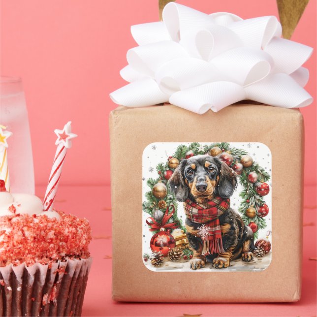 Sticker Carré Dachshund avec Écharpe de Fêtes par couronne (Fête)