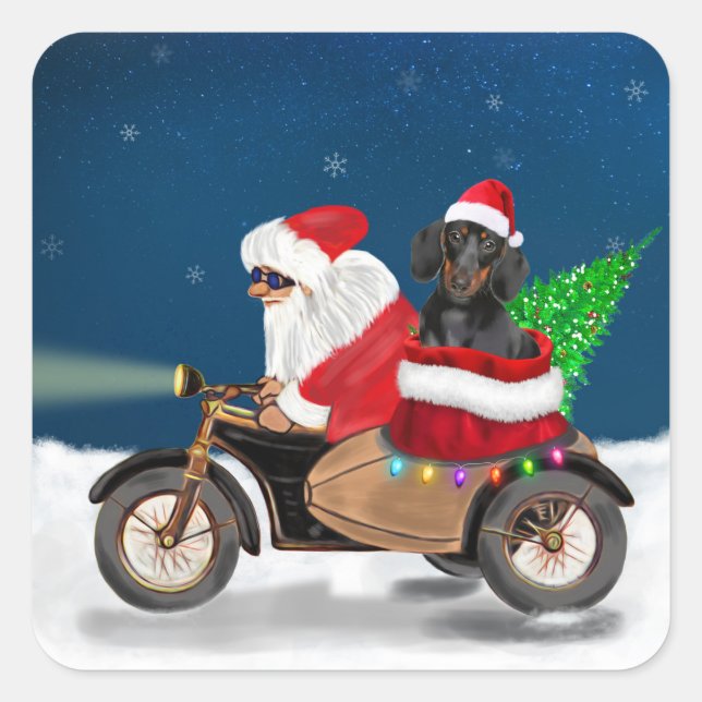 Sticker Carré Dachshund Chien Noël Père Noël (Devant)