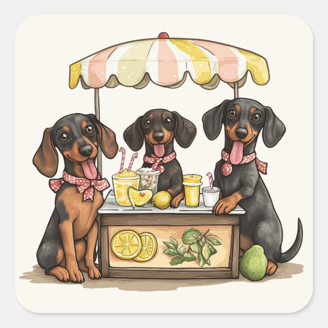 Sticker Carré Dachshund Chiens Lemonade Stand (Devant)