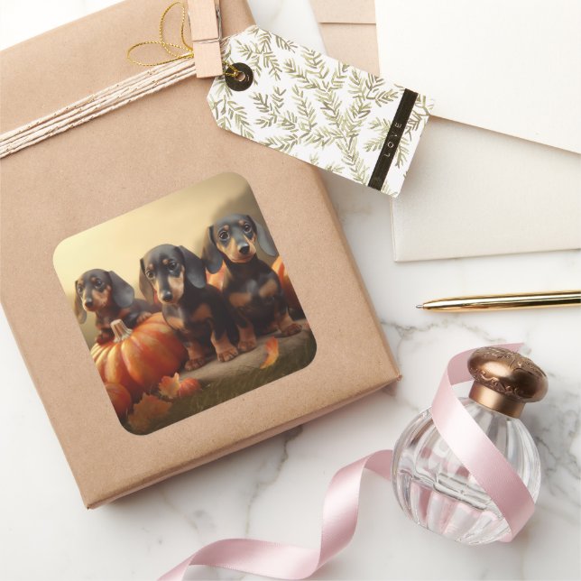 Sticker Carré Dachshund Chiot Automne Citrouille de plaisir (Cadeaux)