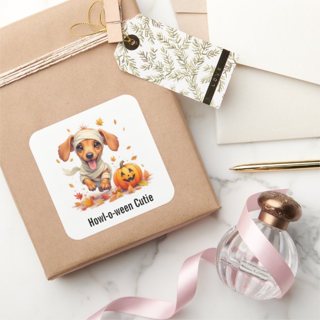 Sticker Carré Dachshund Chiot maman Halloween Aquarelle (Cadeaux)