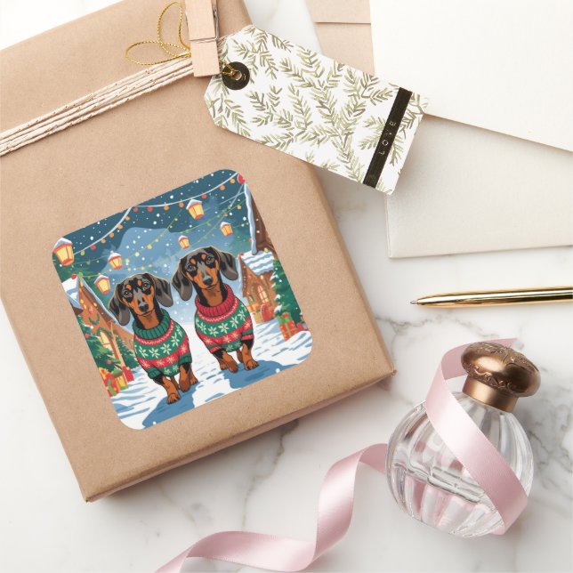 Sticker Carré Dachshund Dogs Christmas Snow Holiday (Cadeaux)