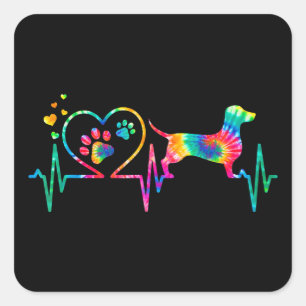 Sticker Carré Dachshund Doxie Weenie Maman Papa Heartbeat Cadeau