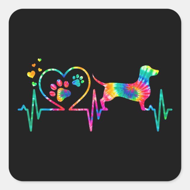 Sticker Carré Dachshund Doxie Weenie Maman Papa Heartbeat Cadeau (Devant)
