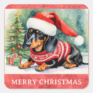 Sticker Carré Dachshund Joyeux Noël mignon Chien chiot