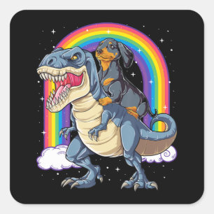 Sticker Carré Dachshund Riding Dinosaur T Rex Don Boys Kids Me