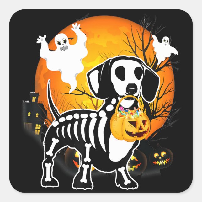 Sticker Carré Dachshund Skeleton Halloween Joyeux cadeau Citroui (Devant)