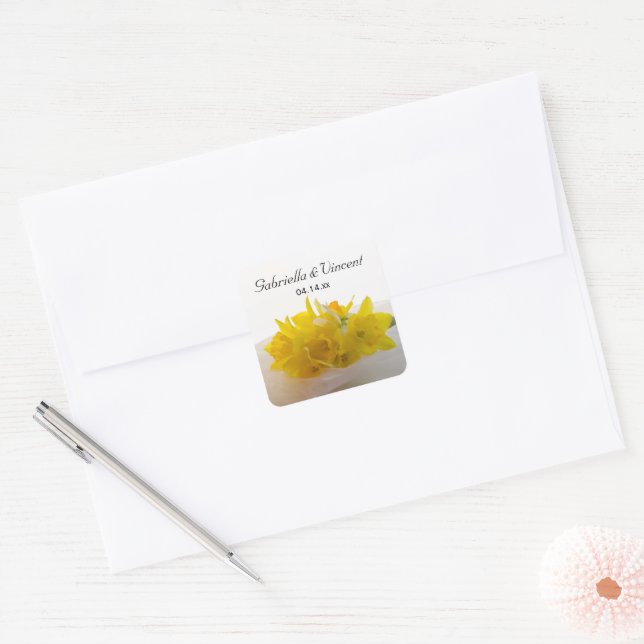 Sticker Carré Daffodiles jaunes sur le mariage du printemps blan (Enveloppe)