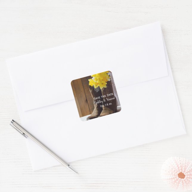 Sticker Carré Daffodils Cowboy Boots Grange Mariage Enregistrer  (Enveloppe)