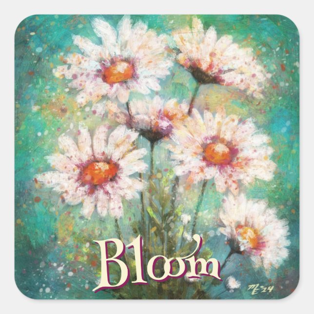 Sticker Carré Daisies Impressionistic Floral Teal Personalized (Devant)