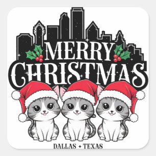 Sticker Carré Dallas City Texas Merry Christmas Cats USA