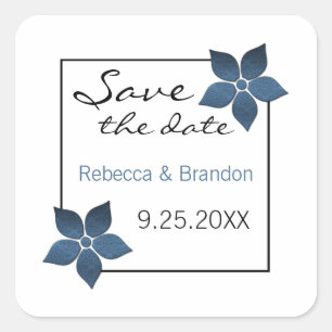 Sticker Carré Damask Blooms Save Date Stickers, Bleu foncé