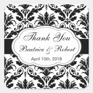 Sticker Carré Damask noir, blanc Merci Mariage
