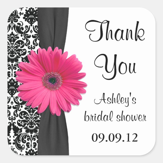 Sticker Carré Damask Pink Daisy Mariage Fête des mariées Merci (Devant)