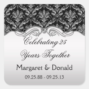 Sticker Carré Damask Vintage Noir et Argent 25e Anniversaire