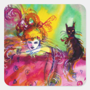 Sticker Carré DAME AVEC CHAT NOIR / Mascarade vénitienne