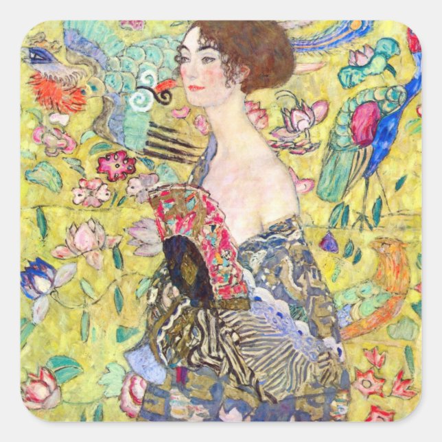 Sticker Carré Dame avec ventilateur par Gustav Klimt, Japonisme  (Devant)