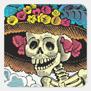 Sticker Carré Dame Crâne de Sucre au Chapeau de Soleil Floral Gr