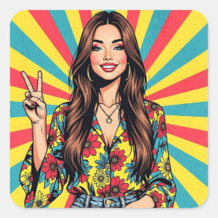Sticker Carré Dame Hippie Rétro Boomereau faisant le Signe de la