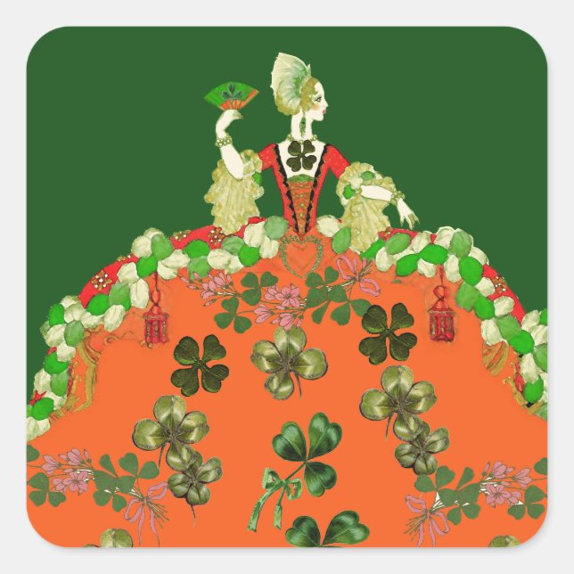 Sticker Carré DAME ORANGE ET SHAMROCK St. Patricks Day Green (Devant)