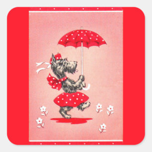 Sticker Carré Dames de chien écossaises portant un parapluie
