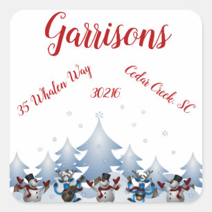 Sticker Carré Dancing Snowmen & Reindeer Adresse de retour Label