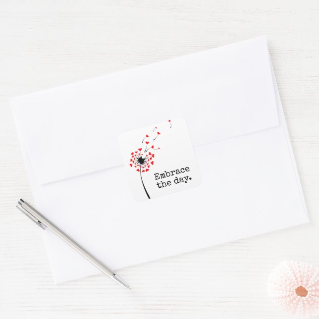 Sticker Carré Dandelion Coeurs Rouges Avec Citation (Enveloppe)