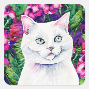 Sticker Carré d'aquarelle blanc chat