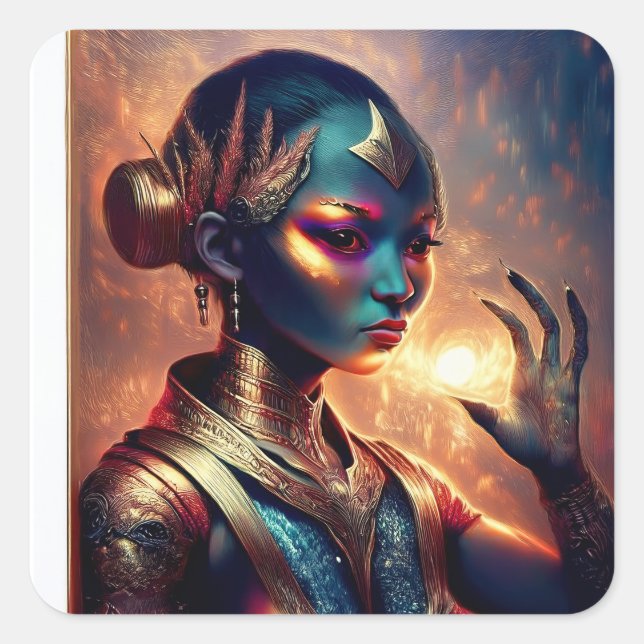 Sticker Carré Dark Alien Princess Poses With Fiery Background (Devant)