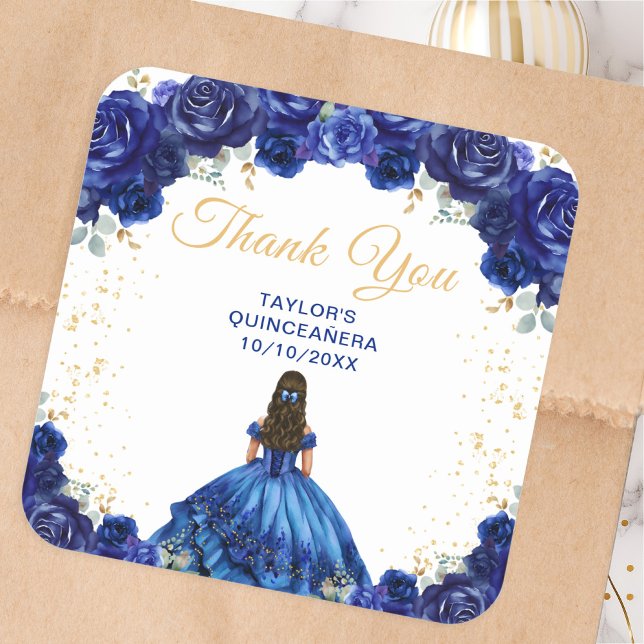 Sticker Carré Dark Blue Princess Quinceañera Thank You (Créateur téléchargé)