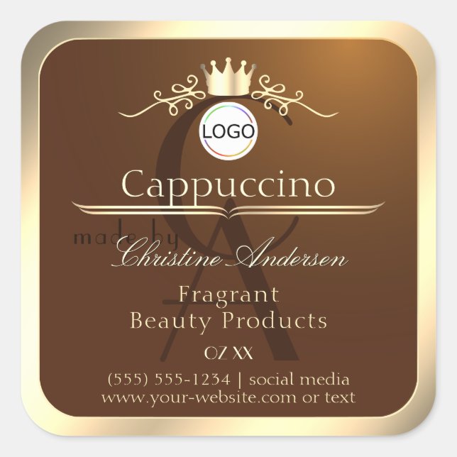 Sticker Carré Dark Brown Product Label Gold Frame Logo Monogram (Devant)