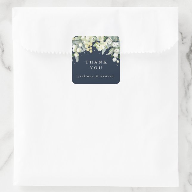 Sticker Carré Dark Navy Snowberry+Eucalyptus Merci Mariage (Sac)