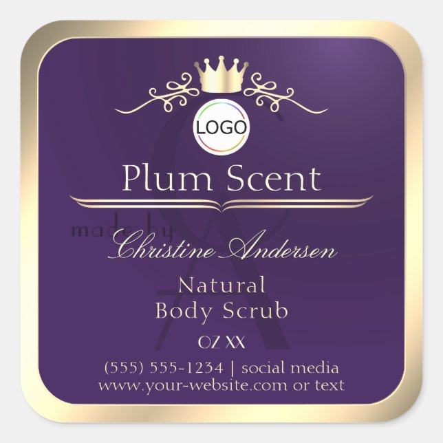 Sticker Carré Dark Purple Product Label Gold Frame Logo Monogram (Devant)