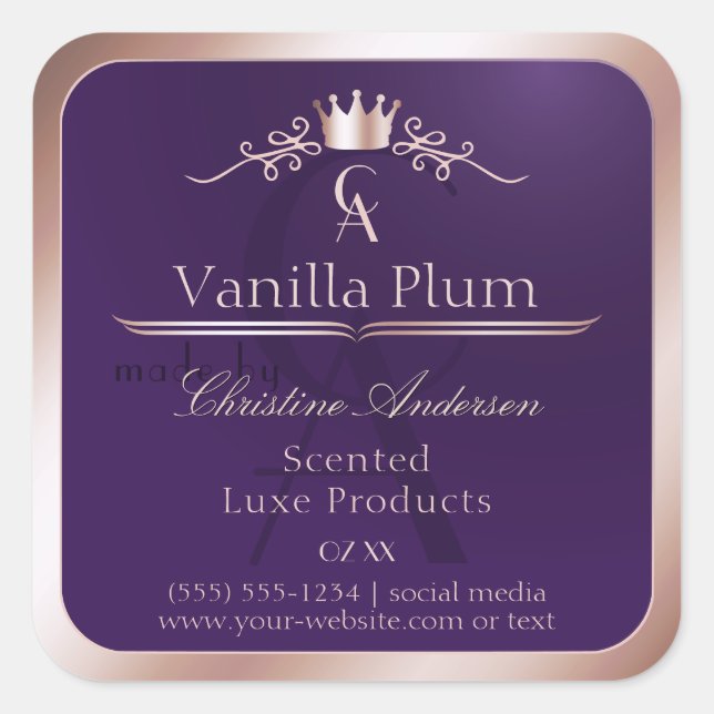 Sticker Carré Dark Purple Product Label Rose Gold Frame Monogram (Devant)