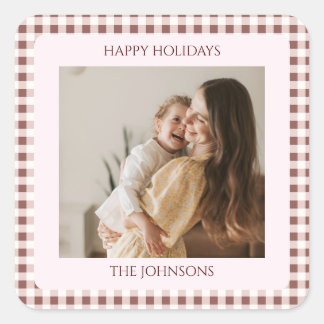 Sticker Carré Dark Red Gingham Plaid Custom Photo Greeting