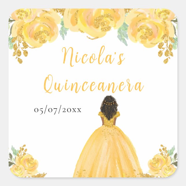 Sticker Carré Dark Skin Princess Gold Floral Quinceanera (Devant)