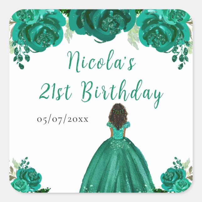 Sticker Carré Dark Skin Princess Green Floral Birthday Party (Devant)