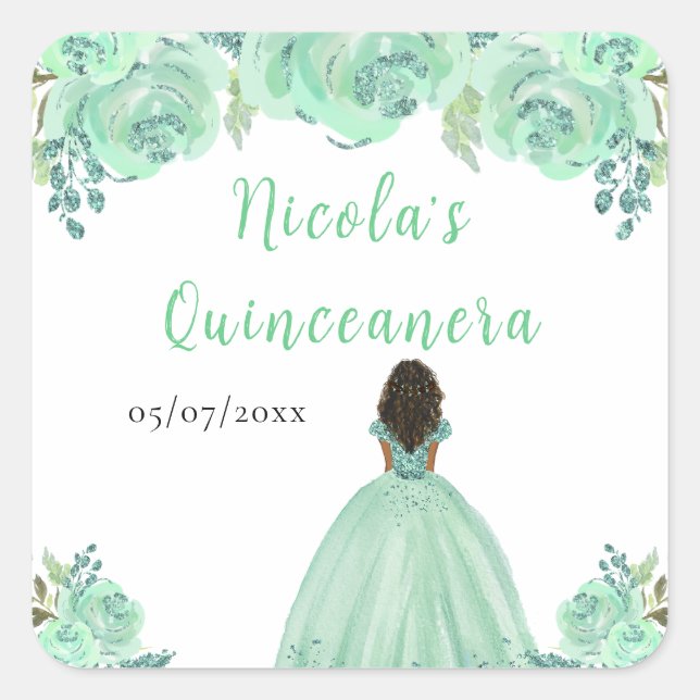 Sticker Carré Dark Skin Princess Mint Floral Quinceanera (Devant)