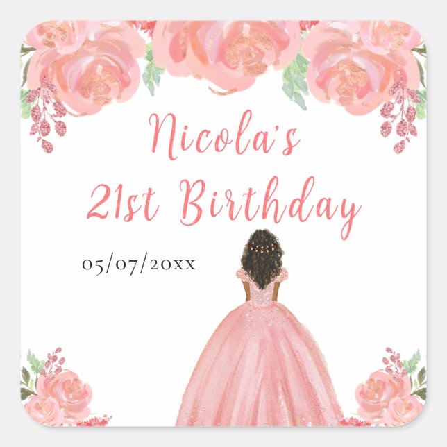 Sticker Carré Dark Skin Princess Pink Floral Birthday Party (Devant)
