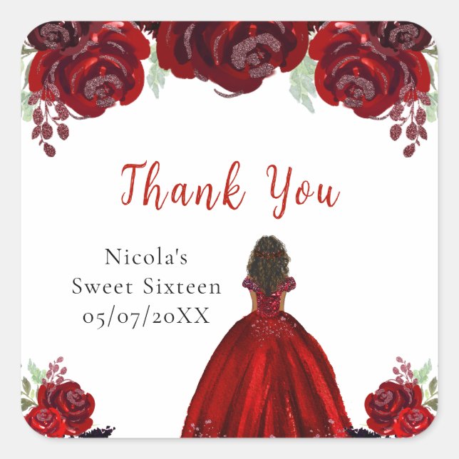Sticker Carré Dark Skin Princess Red Floral Sweet Sixteen (Devant)