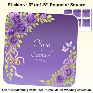 Sticker Carré Date + Mariée, Noms des Mariés Fleurs Mauve Violet