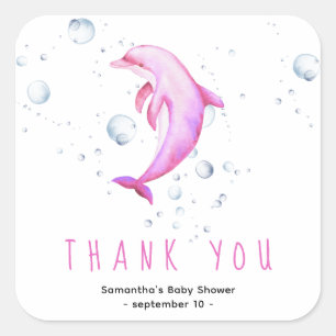 Sticker Carré Dauphin d'aquarelle - merci baby shower