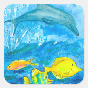 Sticker Carré Dauphin Jaune Tang Poisson Tropical