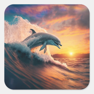 Sticker Carré Dauphin réaliste Sauter Océan Coucher de soleil En