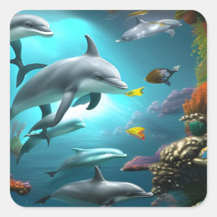 Sticker Carré Dauphins Nager sous l'eau