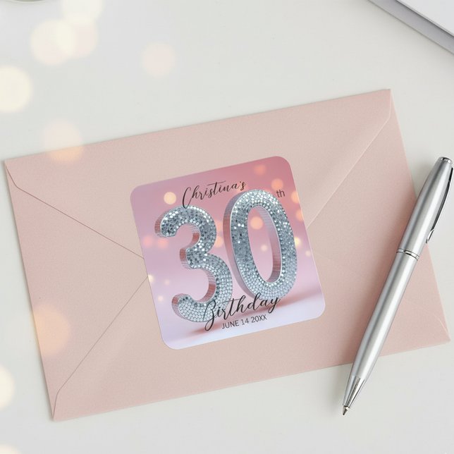 Sticker Carré Dazzling Chic Rose et Silver Sequin 30 Anniversair (Créateur téléchargé)